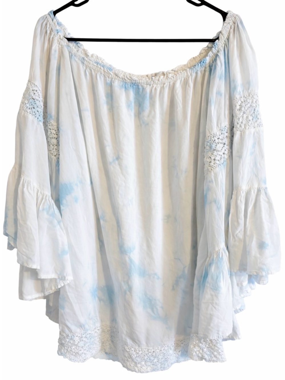 Surf Gypsy Off Shoulder Boho Top White Blue Tie Dye Lace L